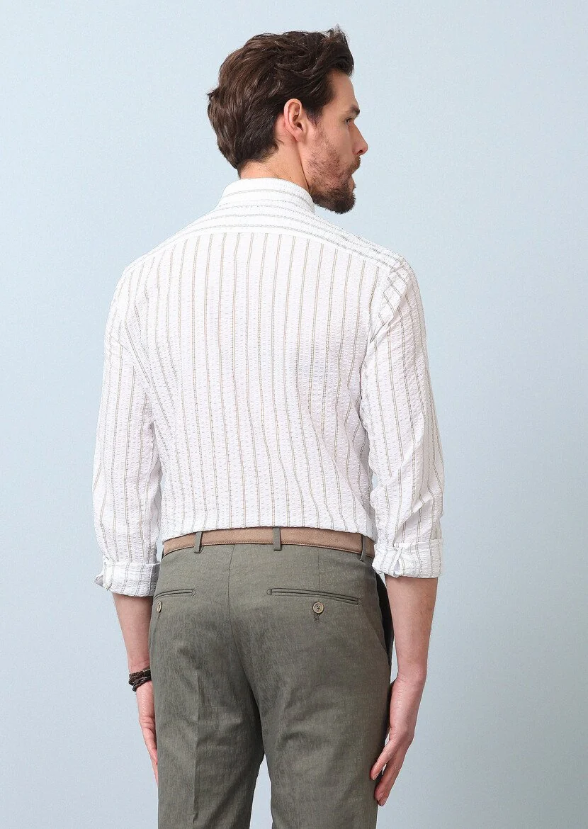 Sarı Baskılı Slim Fit Dokuma Casual %100 Pamuk Gömlek - 6