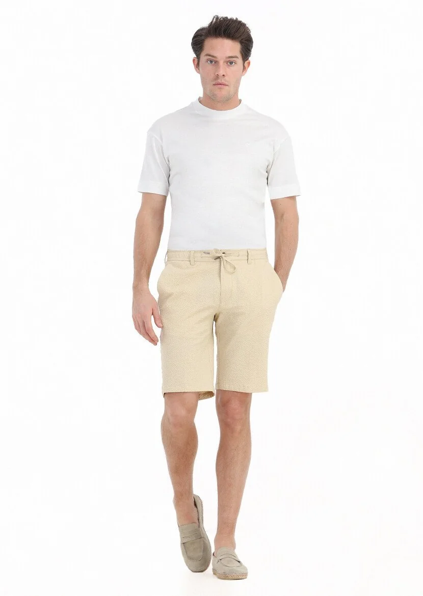 Sarı Çizgili Dokuma Jogging Fit Casual Pamuk Karışımlı Bermuda - 1