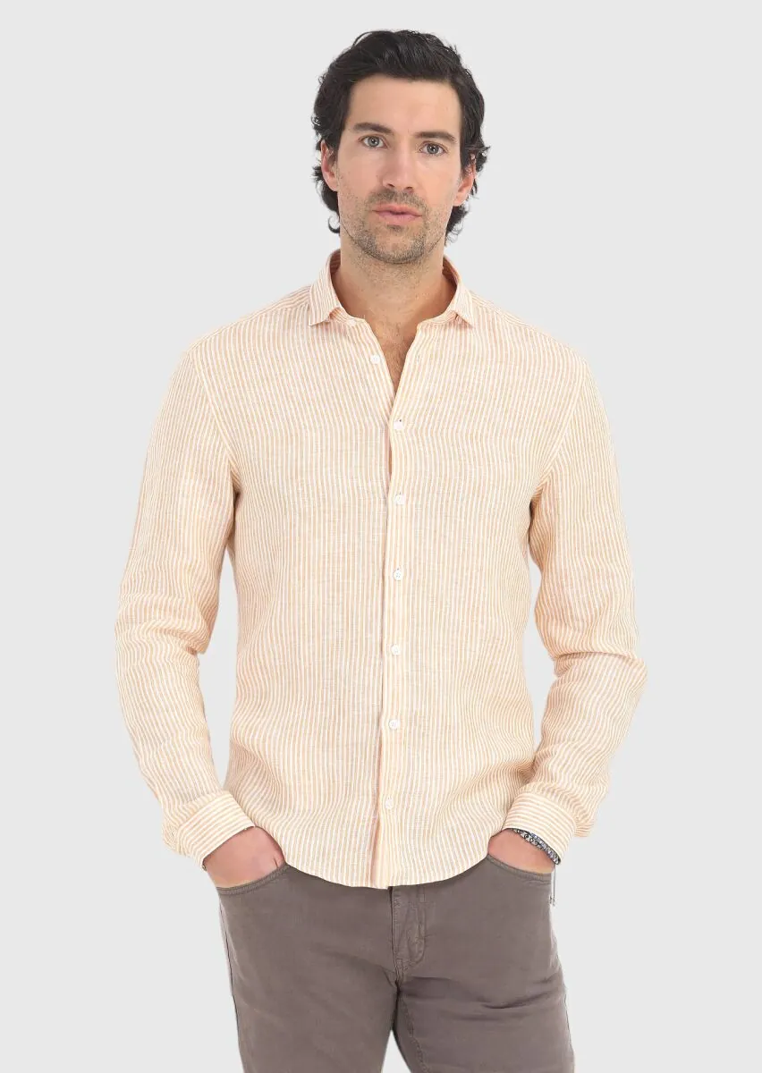 Sarı Çizgili Regular Fit Dokuma Casual %100 Keten Gömlek - 2