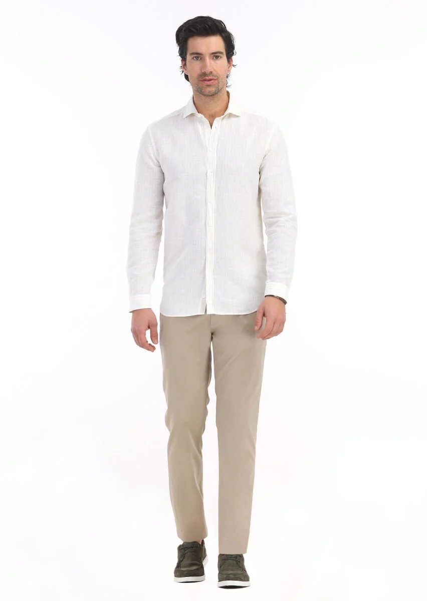 Sarı Çizgili Regular Fit Dokuma Casual Pamuk Karışımlı Gömlek - 1