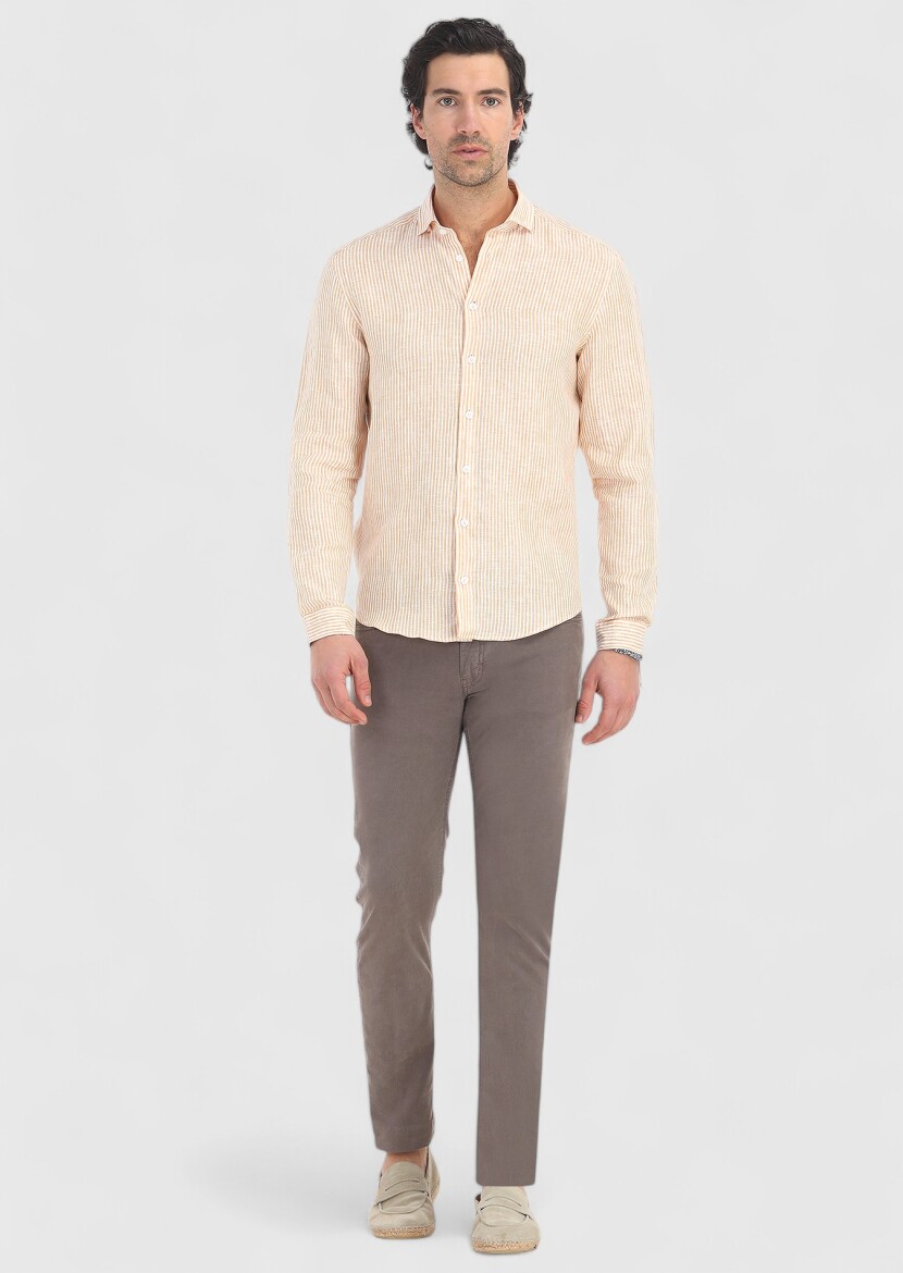 Sarı Çizgili Regular Fit Uzun Dokuma Casual %100 Keten Gömlek - 1