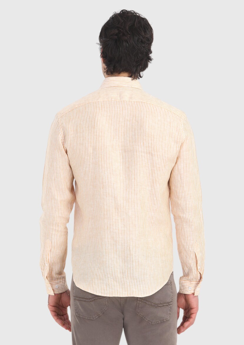Sarı Çizgili Regular Fit Uzun Dokuma Casual %100 Keten Gömlek - 4