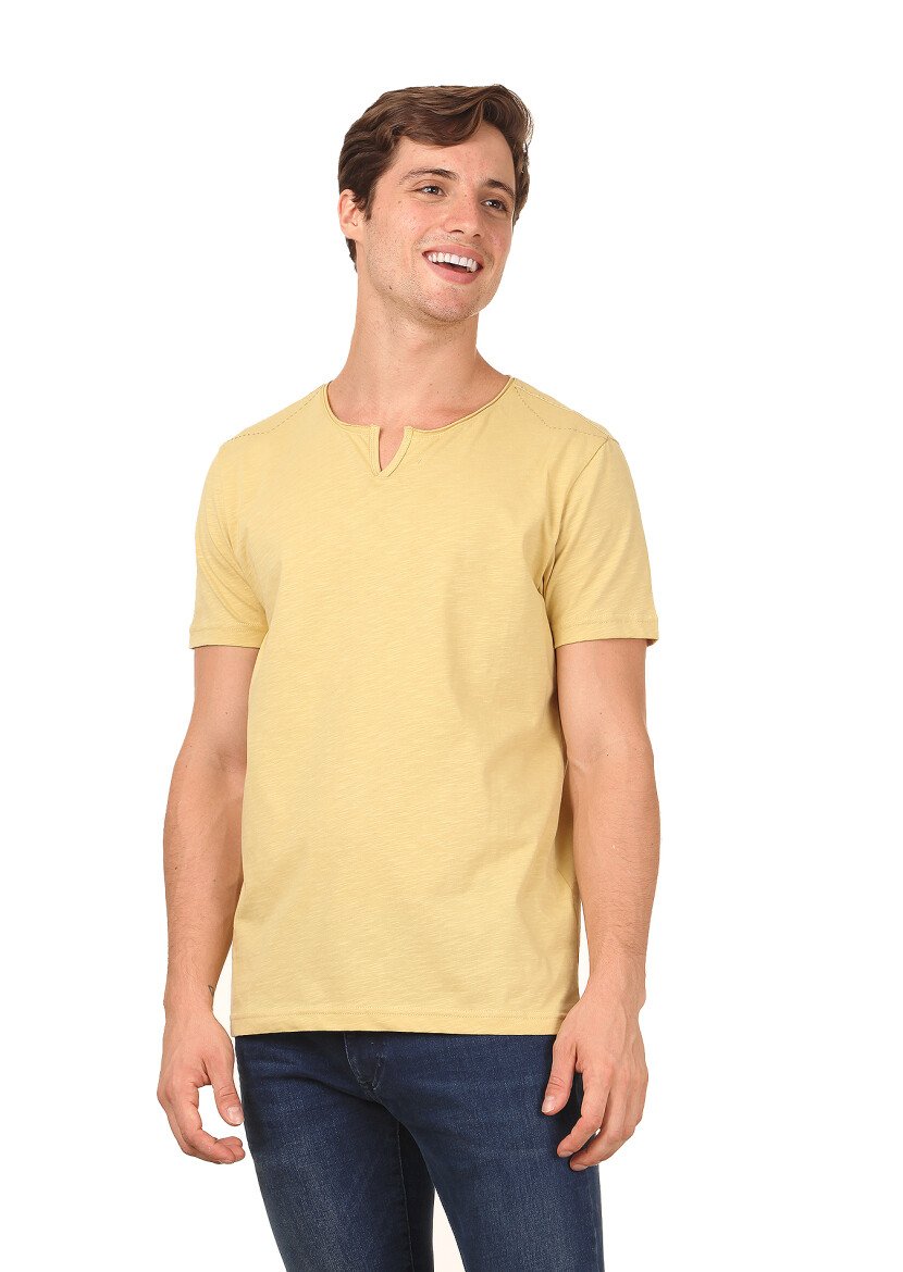 Sarı Düz %100 Pamuk T-Shirt - 1