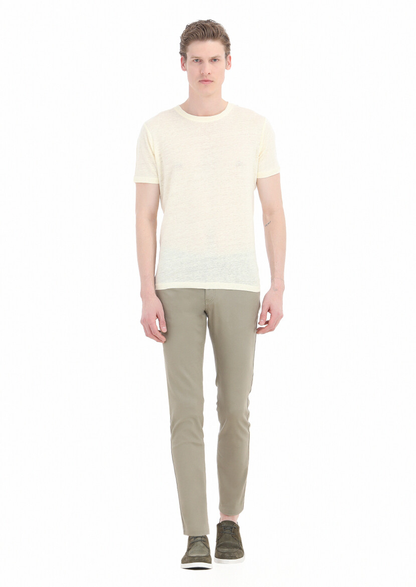 Sarı Düz Bisiklet Yaka %100 Keten T-Shirt - RAMSEY