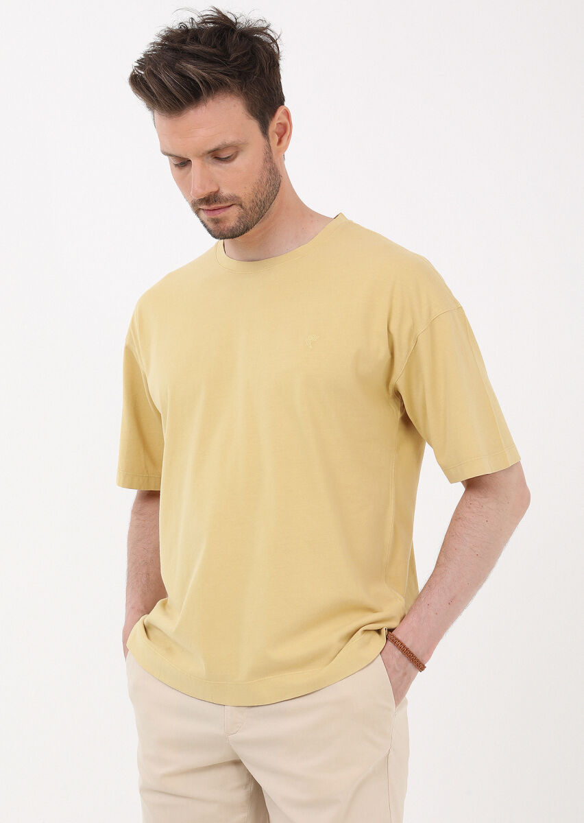 Sarı Düz Bisiklet Yaka %100 Pamuk T-Shirt - 1