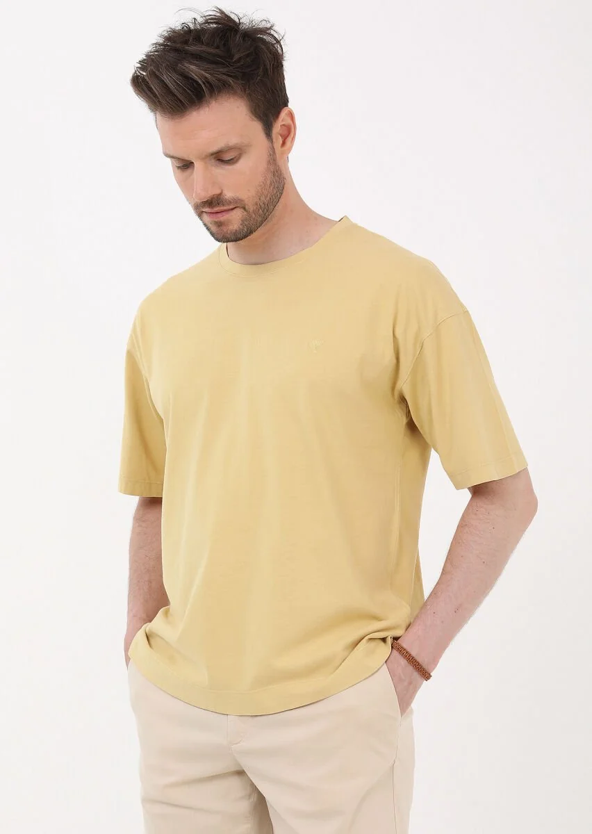 Sarı Düz Bisiklet Yaka %100 Pamuk T-Shirt - 1