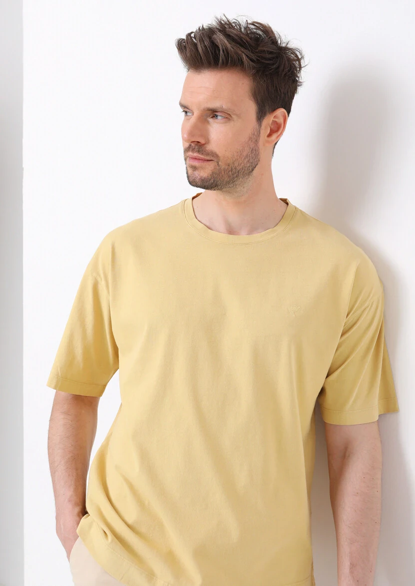 Sarı Düz Bisiklet Yaka %100 Pamuk T-Shirt - 2