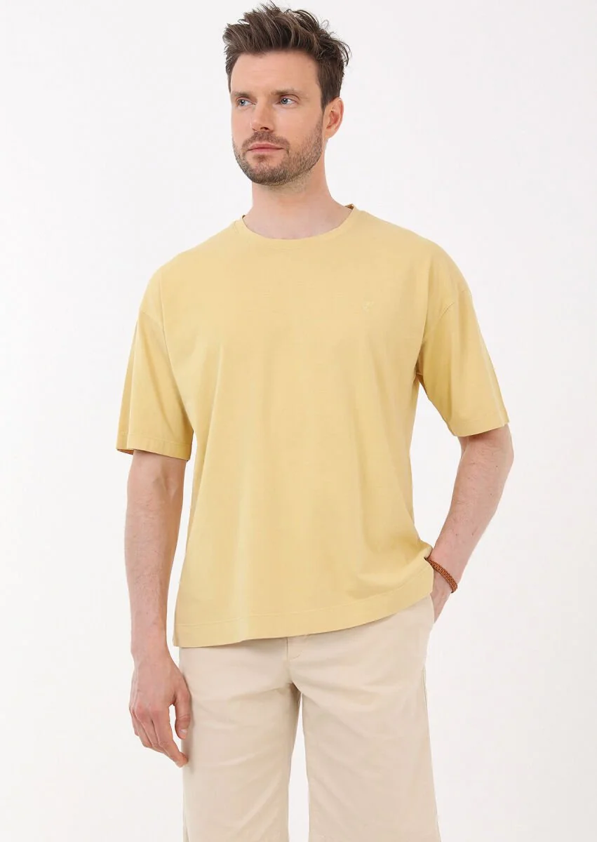 Sarı Düz Bisiklet Yaka %100 Pamuk T-Shirt - 4