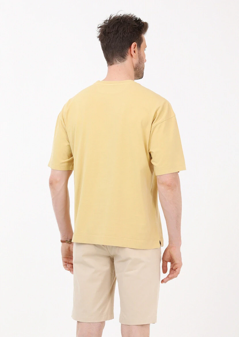 Sarı Düz Bisiklet Yaka %100 Pamuk T-Shirt - 5
