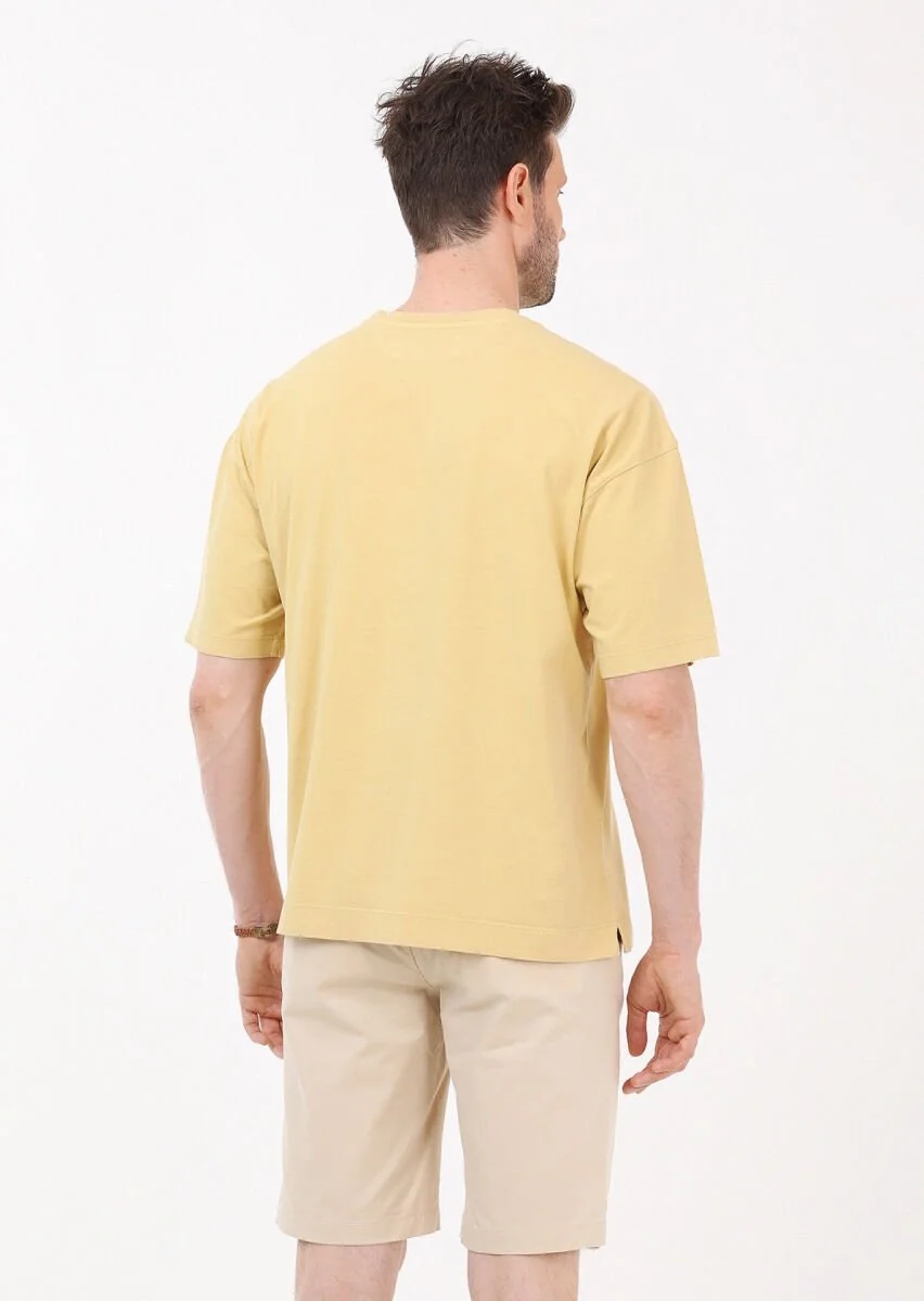 Sarı Düz Bisiklet Yaka %100 Pamuk T-Shirt - 5