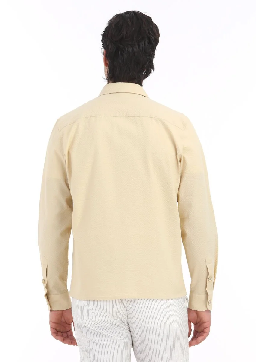Sarı Düz Casual Fit Dokuma Pamuk Karışımlı Overshırt - 5