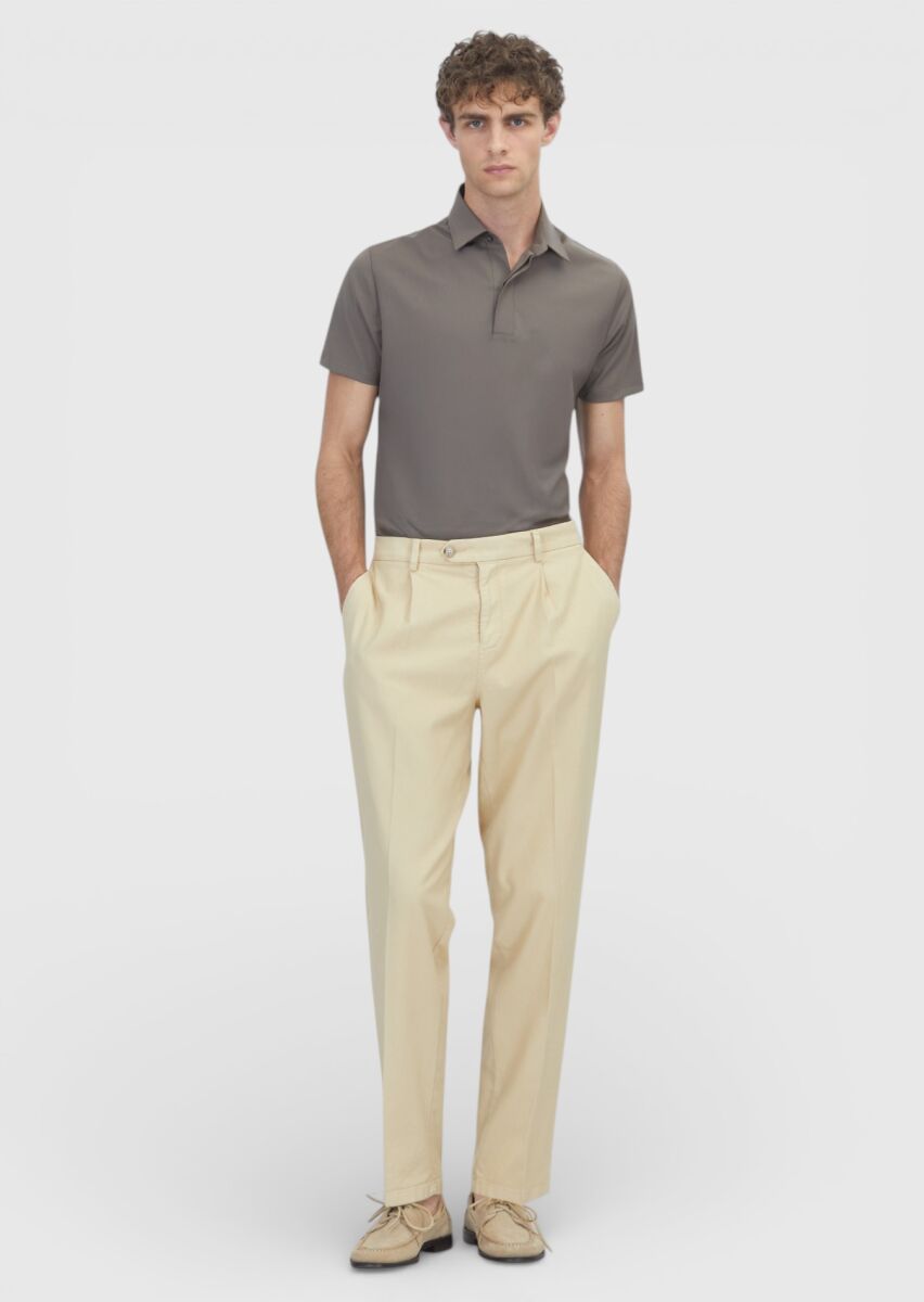 Sarı Düz Dokuma Regular Fit Casual Pamuk Karışımlı Pantolon - 1