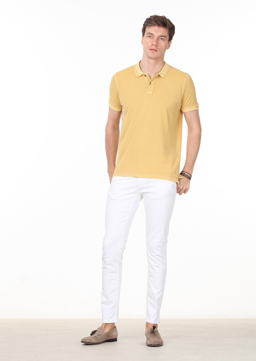 Sarı Düz Polo Yaka %100 Pamuk T-Shirt 