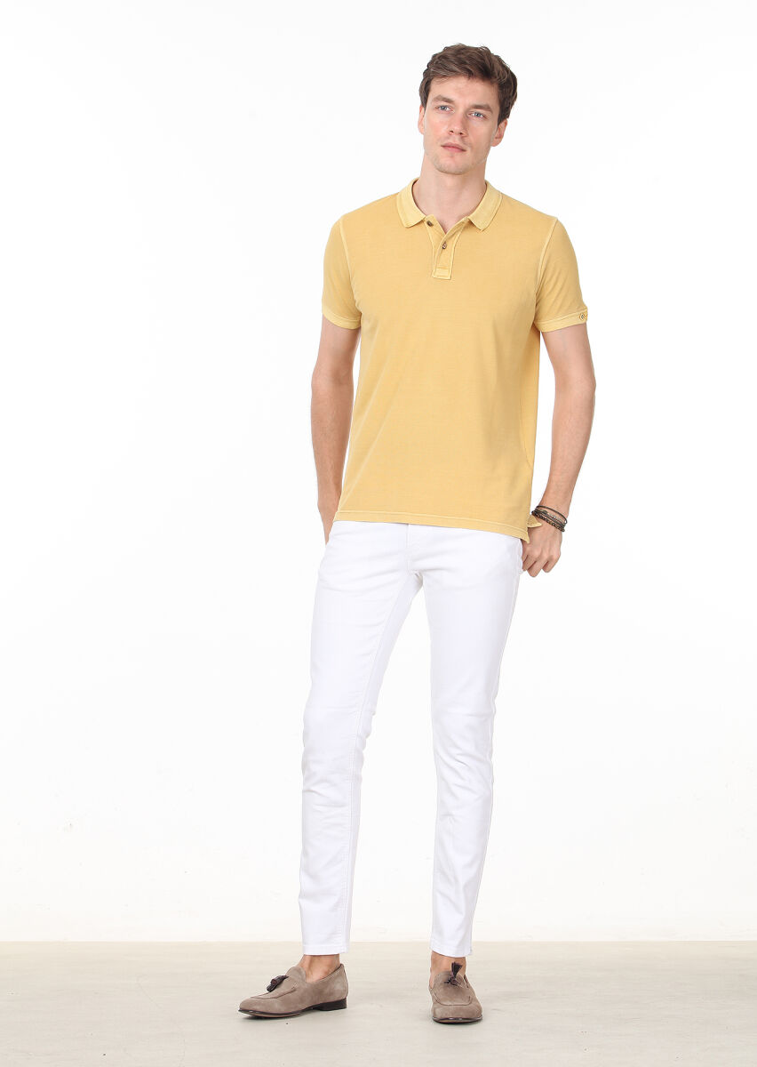 Sarı Düz Polo Yaka %100 Pamuk T-Shirt - 2