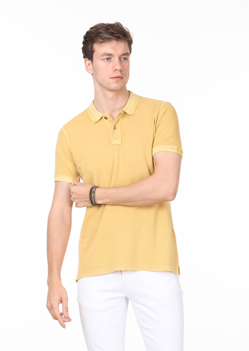 Sarı Düz Polo Yaka %100 Pamuk T-Shirt - 3