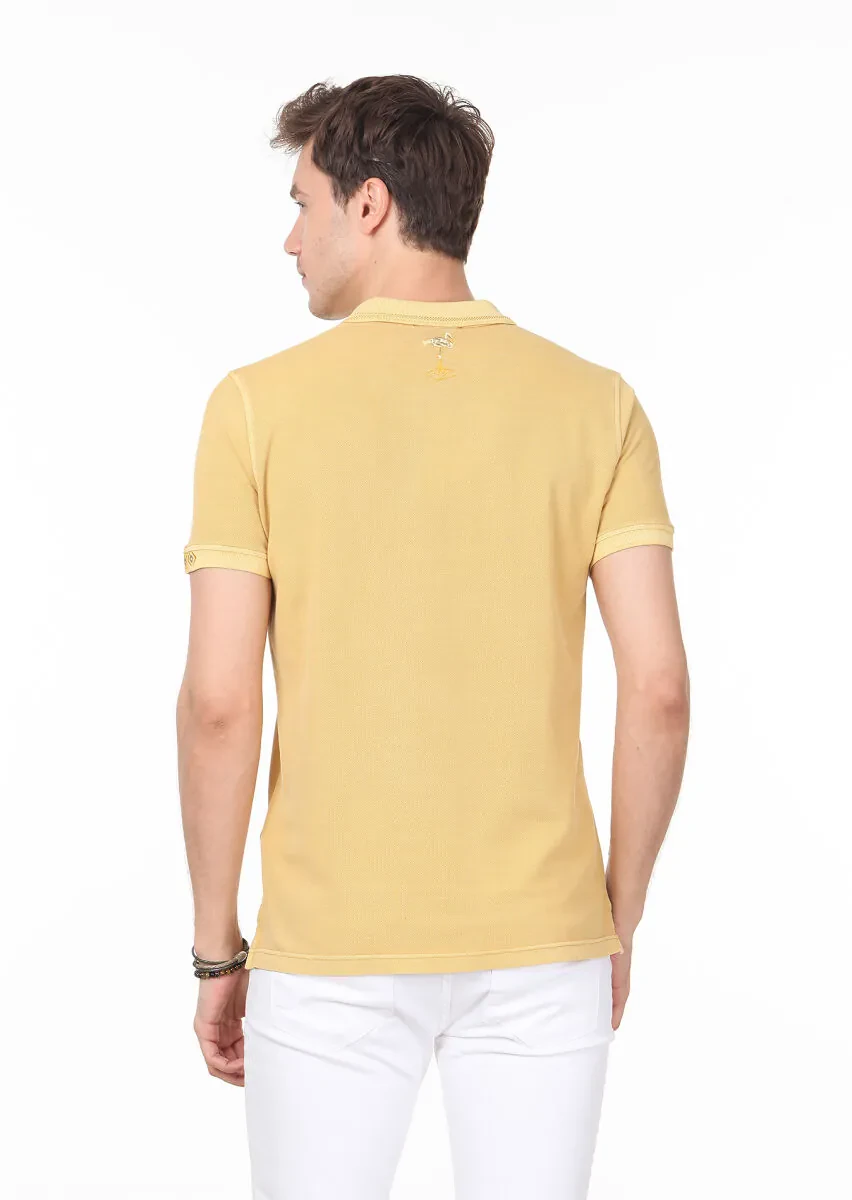 Sarı Düz Polo Yaka %100 Pamuk T-Shirt - 4