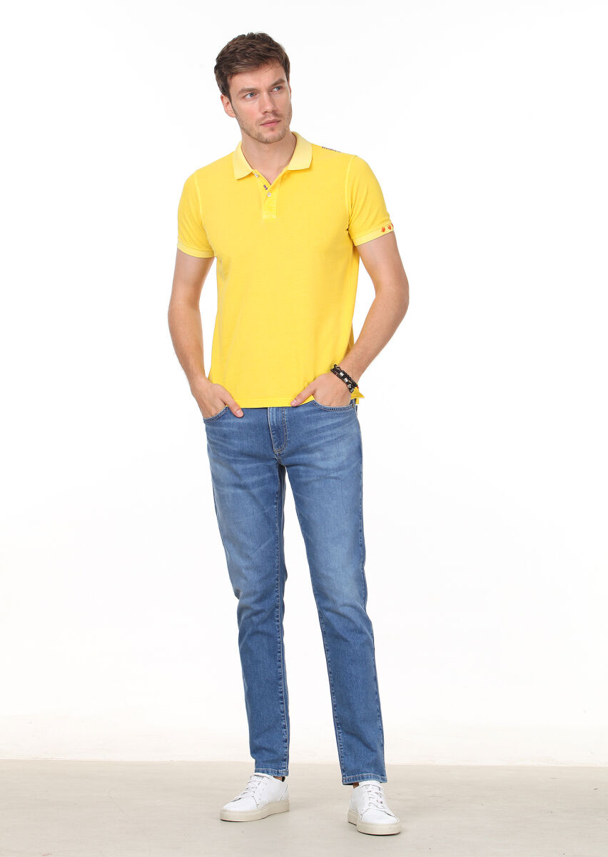 Sarı Düz Polo Yaka %100 Pamuk T-Shirt - 3