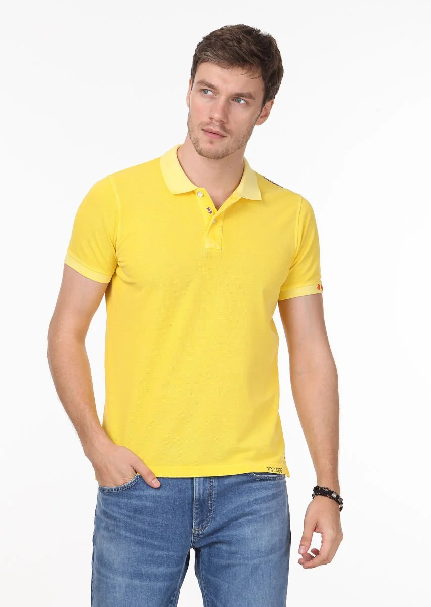 Sarı Düz Polo Yaka %100 Pamuk T-Shirt - 1