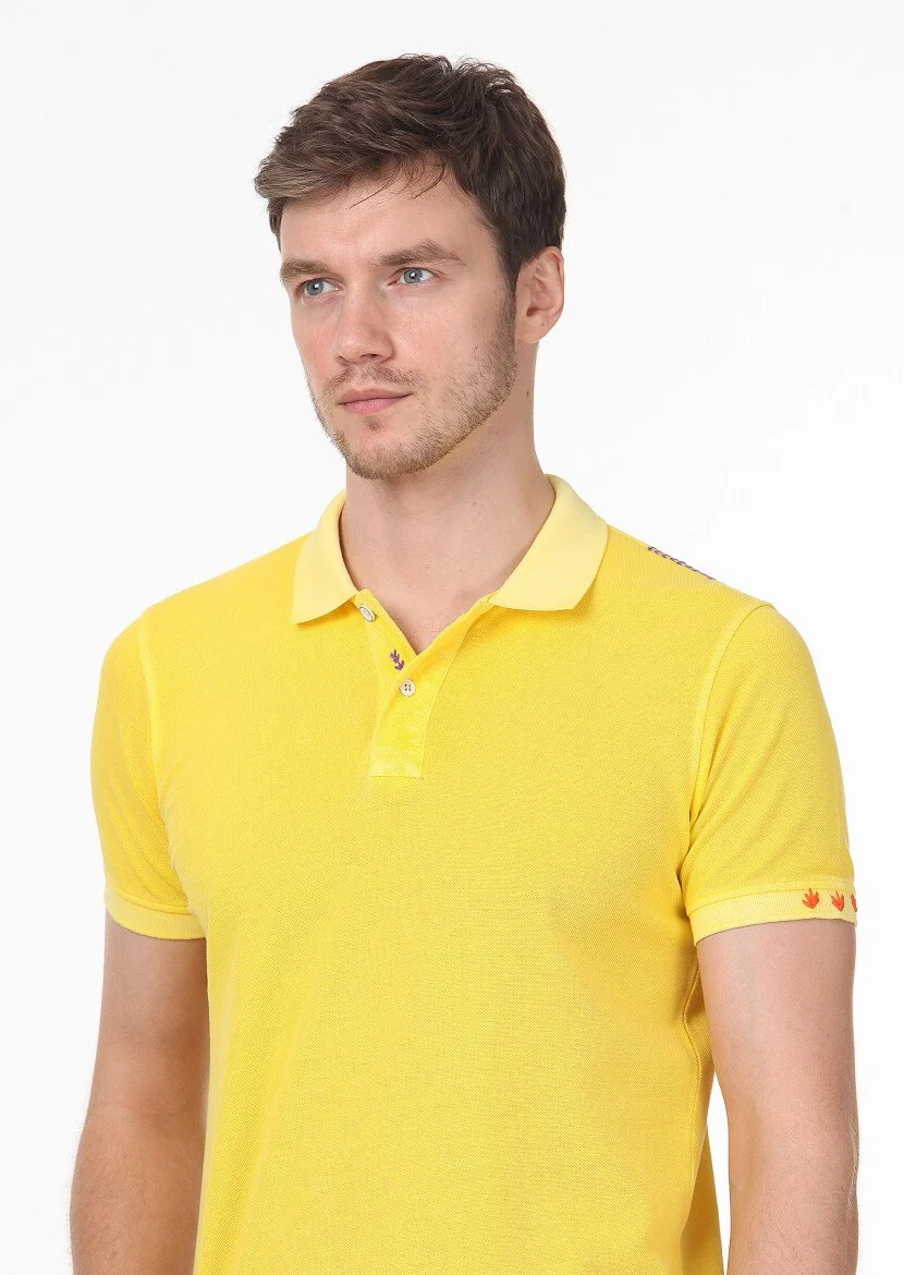 Sarı Düz Polo Yaka %100 Pamuk T-Shirt - 2