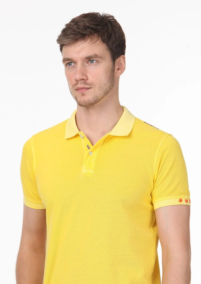 Sarı Düz Polo Yaka %100 Pamuk T-Shirt - 2