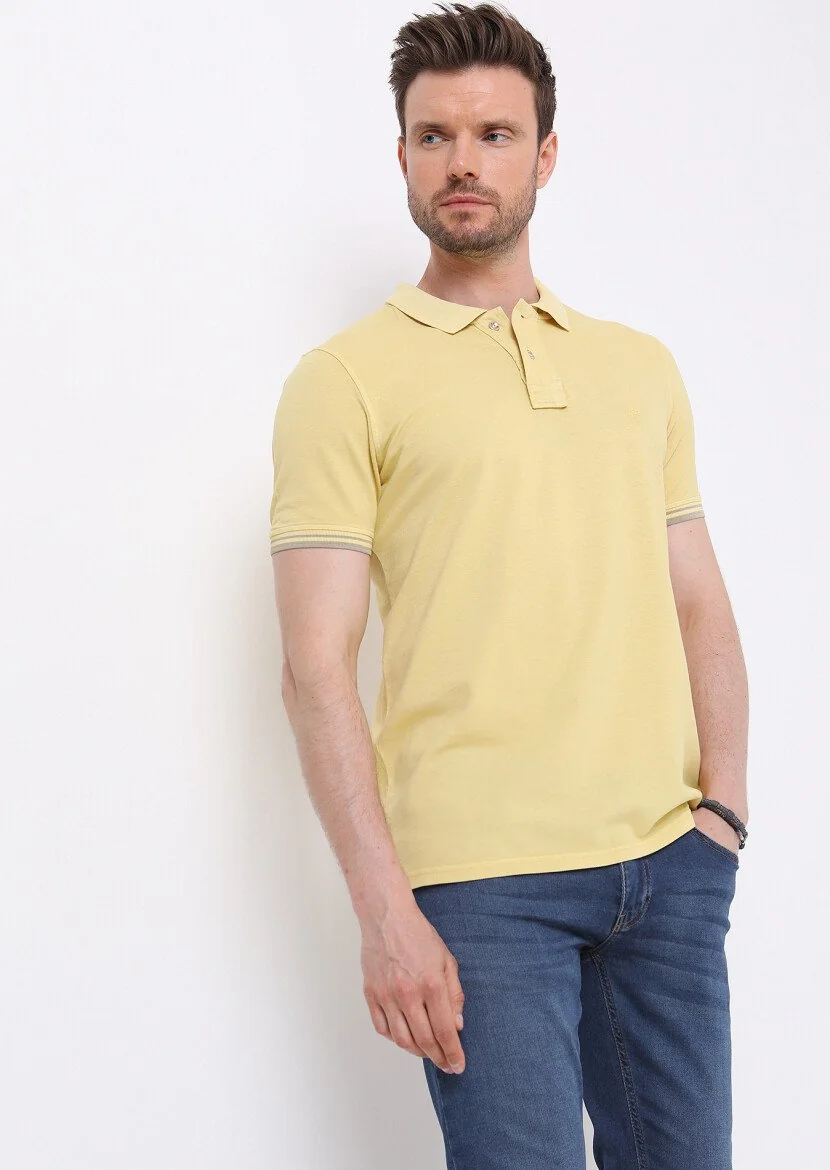 Sarı Düz Polo Yaka %100 Pamuk T-Shirt 