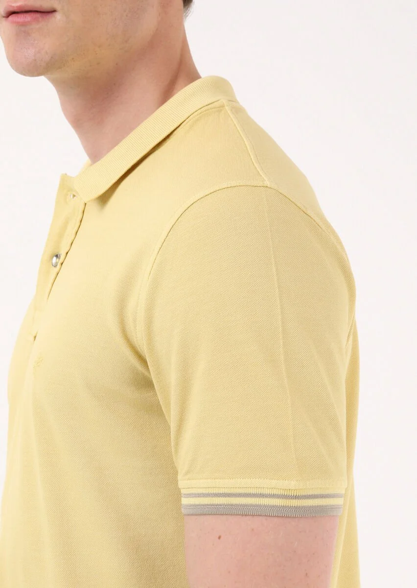 Sarı Düz Polo Yaka %100 Pamuk T-Shirt - 3