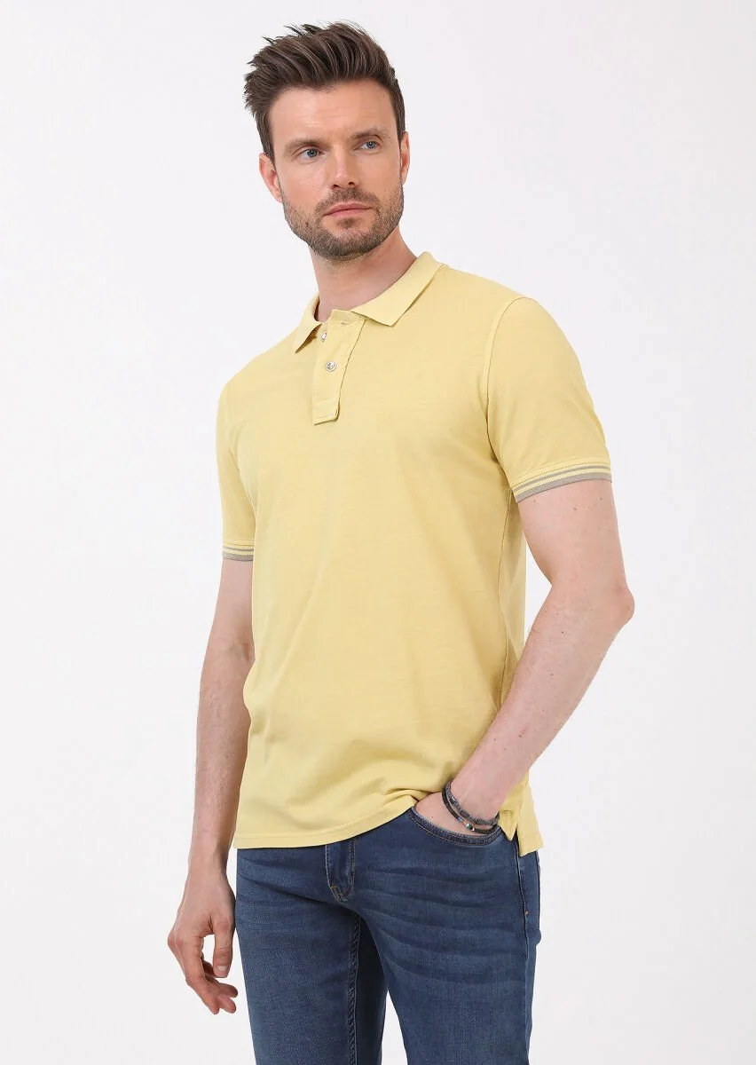Sarı Düz Polo Yaka %100 Pamuk T-Shirt - 5