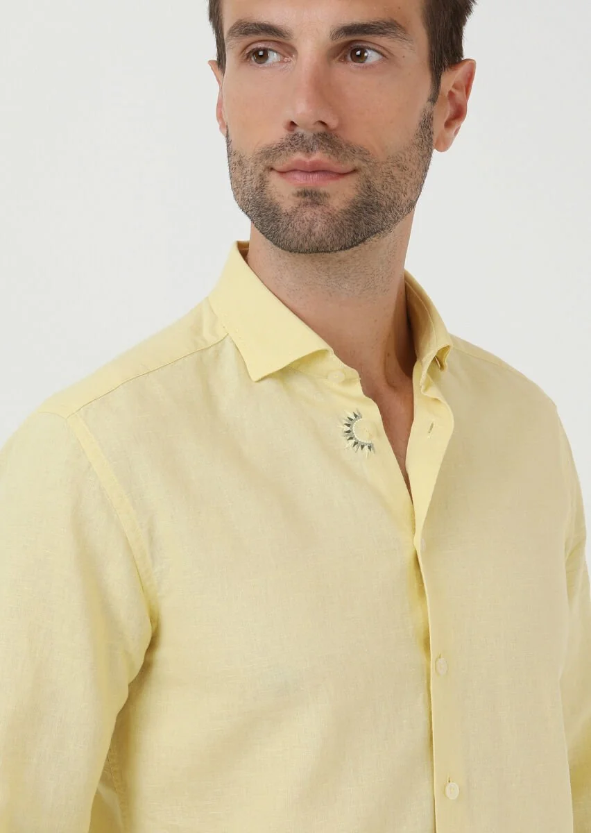Sarı Düz Regular Fit Dokuma Casual Pamuk Karışımlı Gömlek - 3