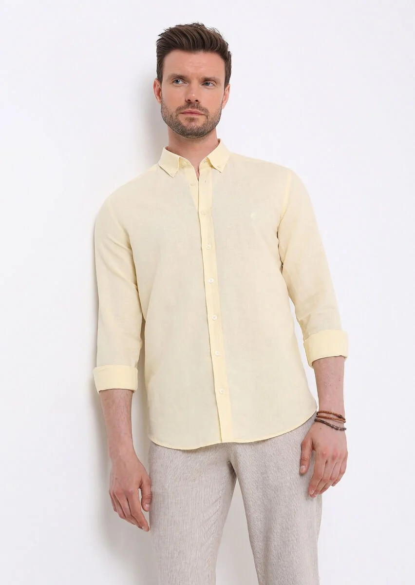 Sarı Düz Regular Fit Dokuma Casual Pamuk Karışımlı Gömlek - 2