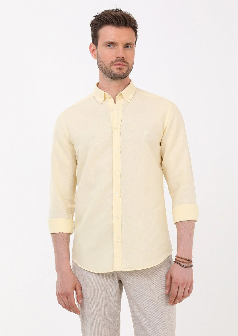 Sarı Düz Regular Fit Dokuma Casual Pamuk Karışımlı Gömlek - 3