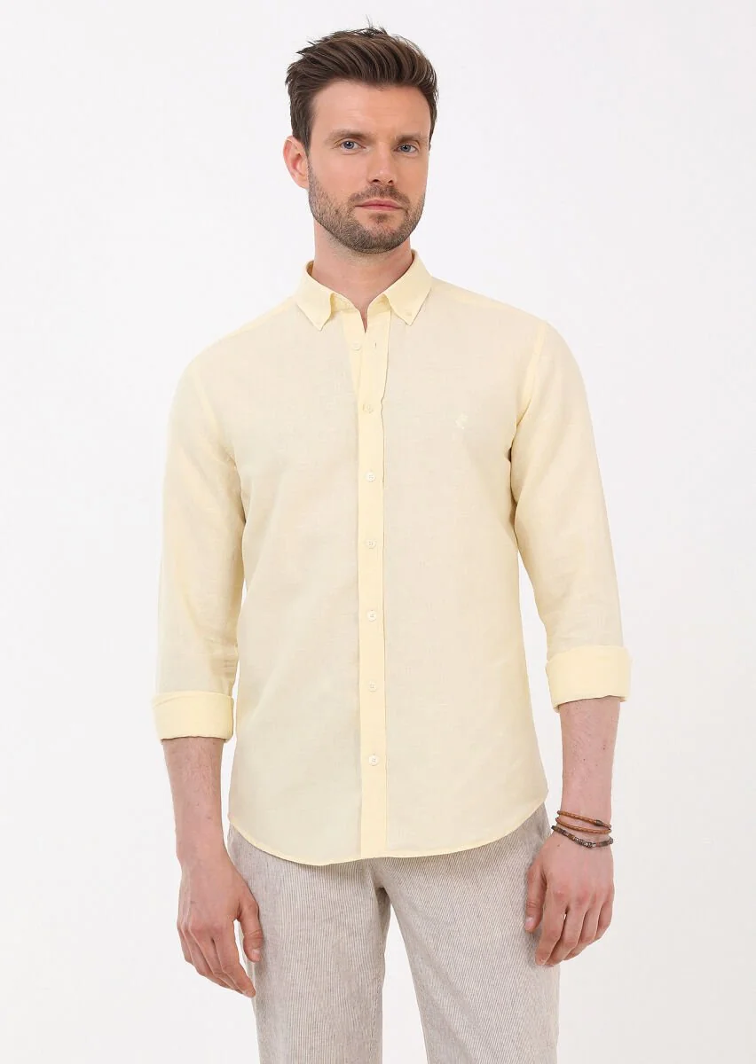 Sarı Düz Regular Fit Dokuma Casual Pamuk Karışımlı Gömlek - 3
