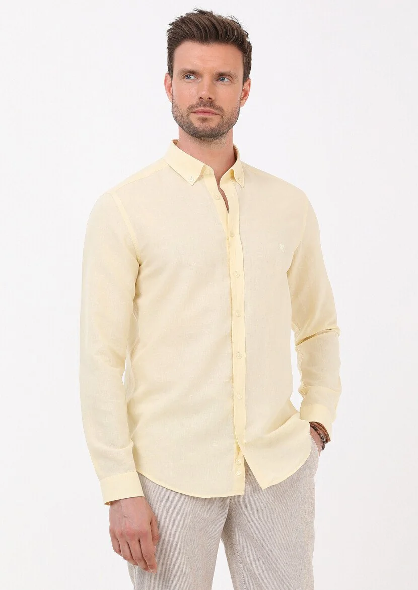 Sarı Düz Regular Fit Dokuma Casual Pamuk Karışımlı Gömlek - 4