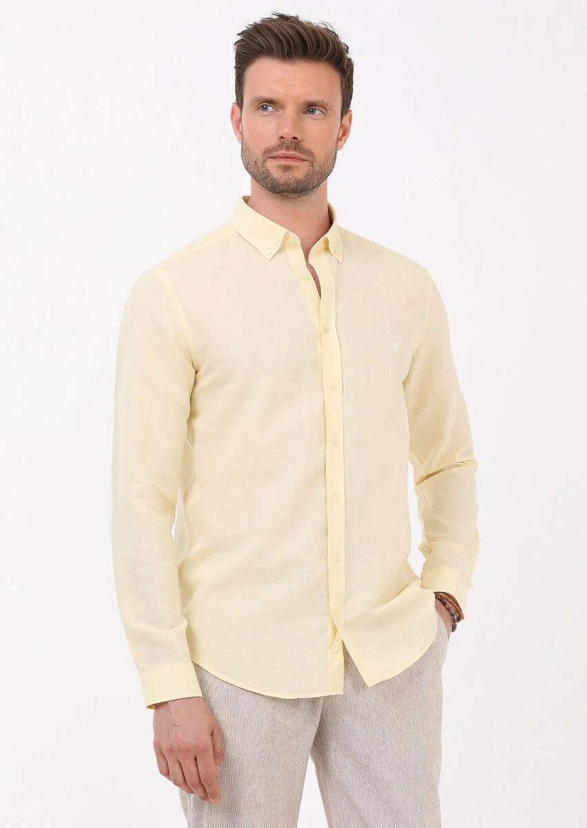 Sarı Düz Regular Fit Dokuma Casual Pamuk Karışımlı Gömlek - 4