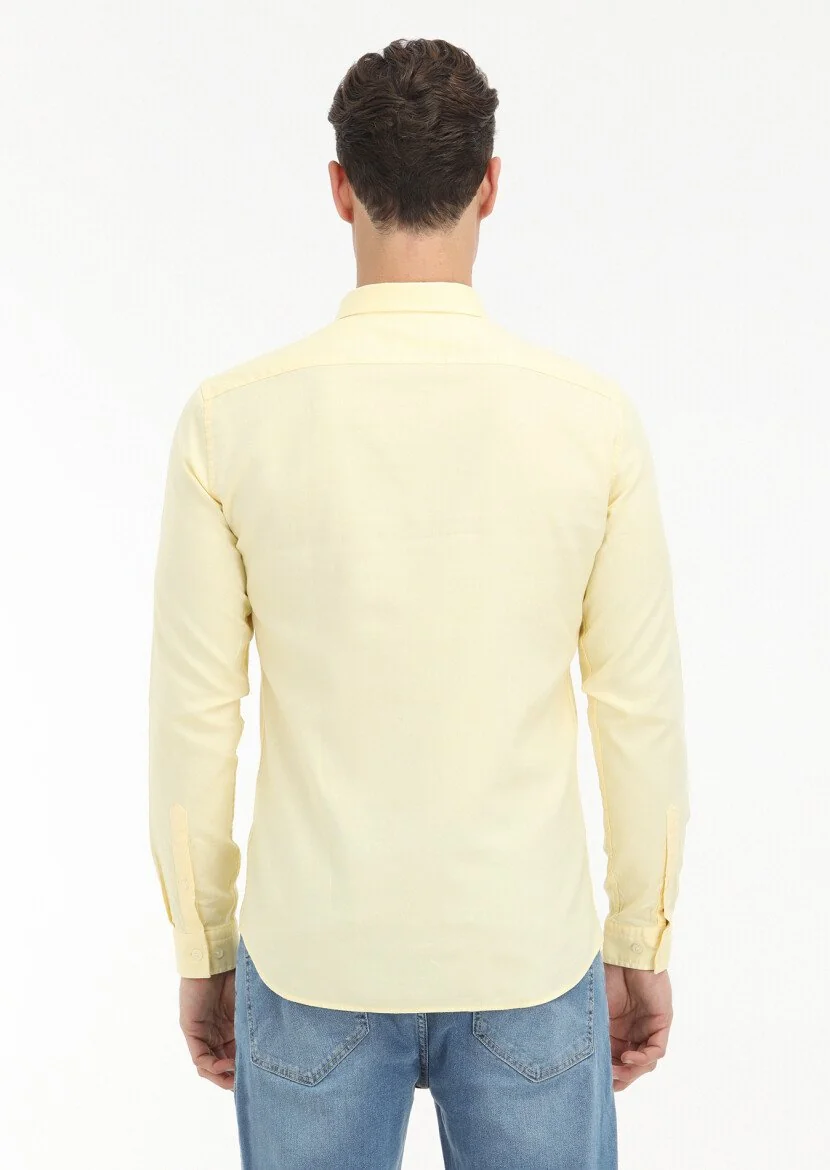 Sarı Düz Slim Fit Dokuma Casual %100 Pamuk Gömlek - 4