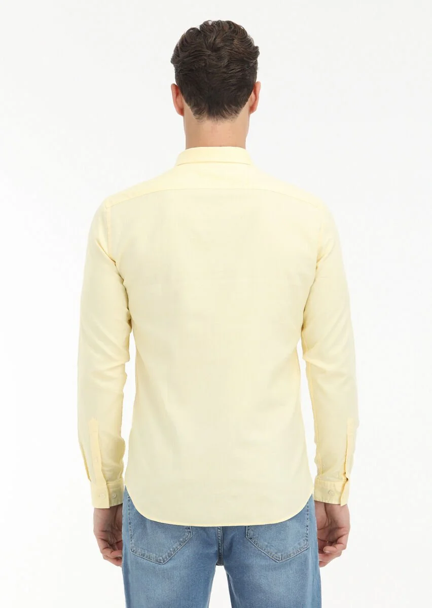 Sarı Düz Slim Fit Dokuma Casual %100 Pamuk Gömlek - 4
