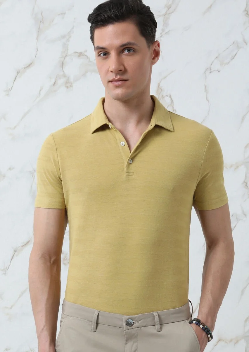 Sarı Jakarlı Polo Yaka %100 Pamuk T-Shirt - 1