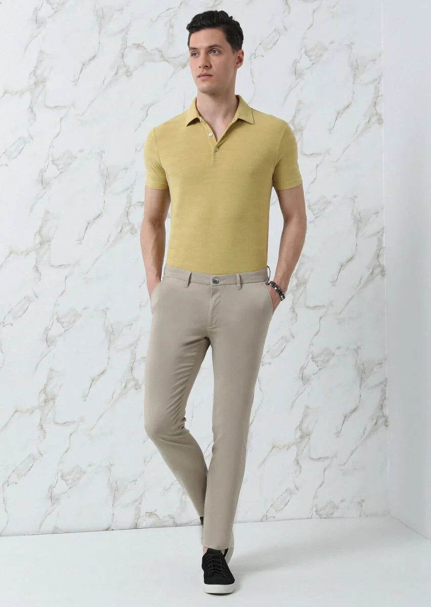 Sarı Jakarlı Polo Yaka %100 Pamuk T-Shirt - 2