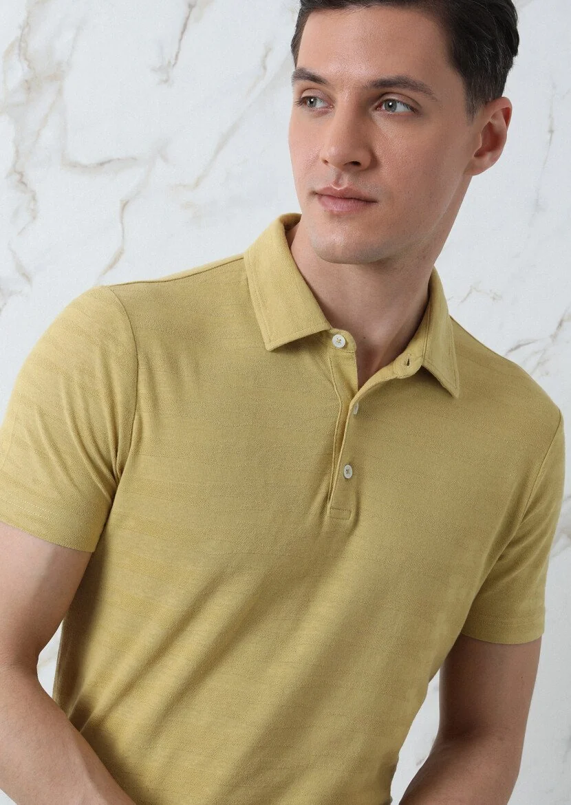 Sarı Jakarlı Polo Yaka %100 Pamuk T-Shirt - 3