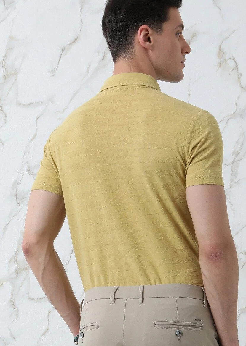Sarı Jakarlı Polo Yaka %100 Pamuk T-Shirt - 5
