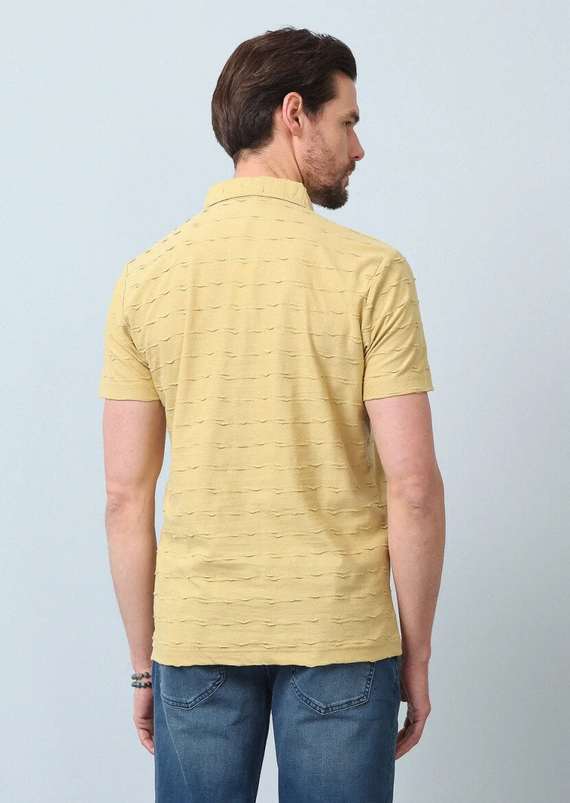 Sarı Jakarlı Polo Yaka %100 Pamuk T-Shirt - 6