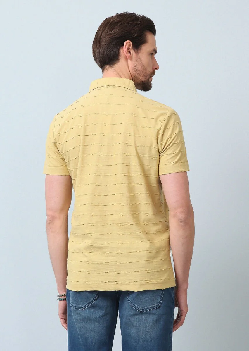Sarı Jakarlı Polo Yaka %100 Pamuk T-Shirt - 6