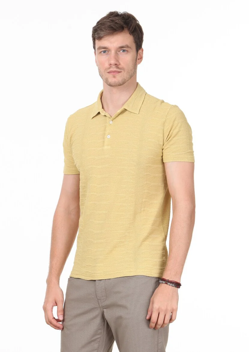Sarı Polo Yaka %100 Pamuk T-Shirt 