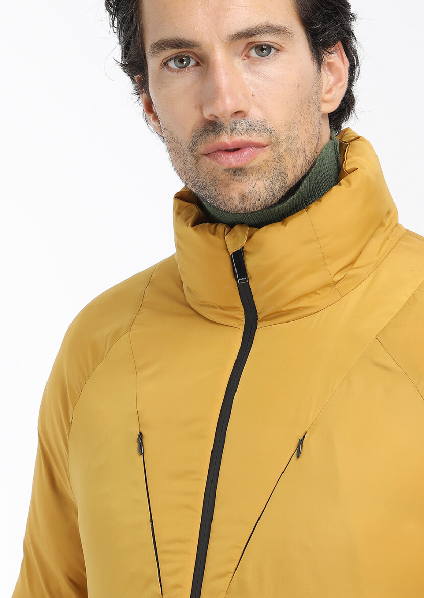 Sarı Regular Fit Dik Yaka Casual Dokuma Mont - 3