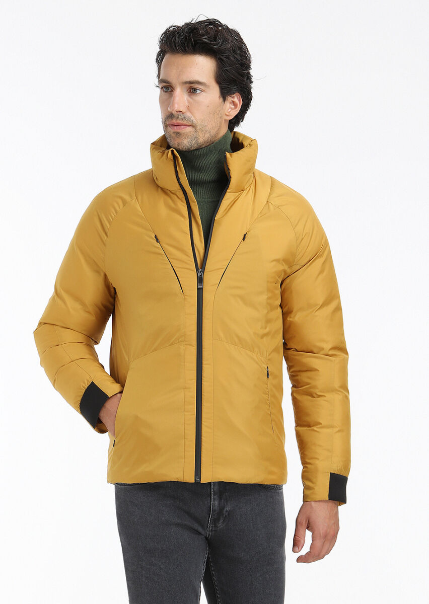 Sarı Regular Fit Dik Yaka Casual Dokuma Mont - 5
