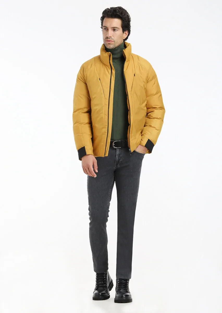 Sarı Regular Fit Dik Yaka Casual Dokuma Mont - 1