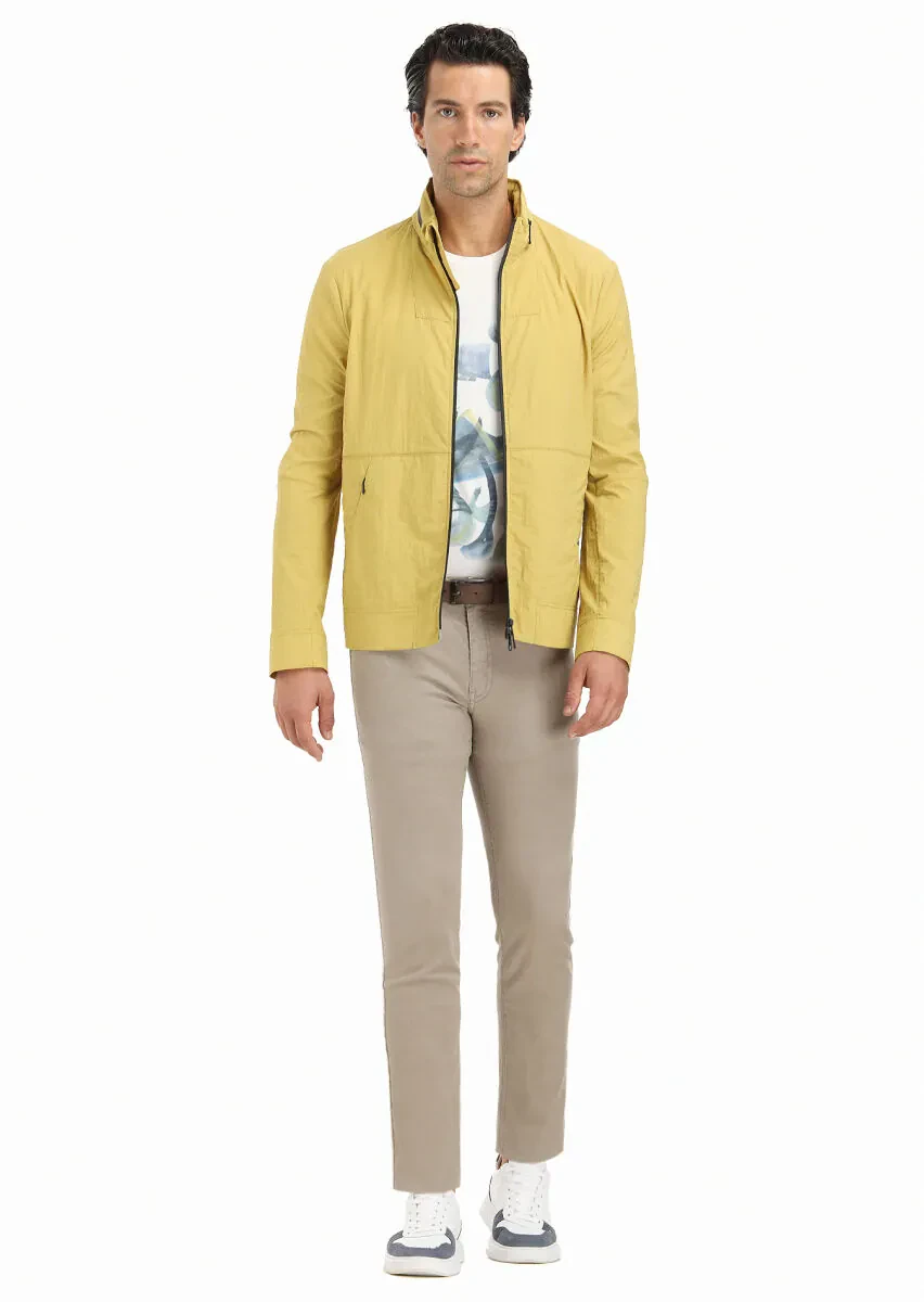 Sarı Regular Fit Dik Yaka Casual Dokuma Mont - 1