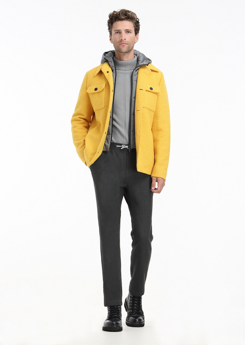 Sarı Regular Fit Gömlek Yaka Casual Örme Mont - 1