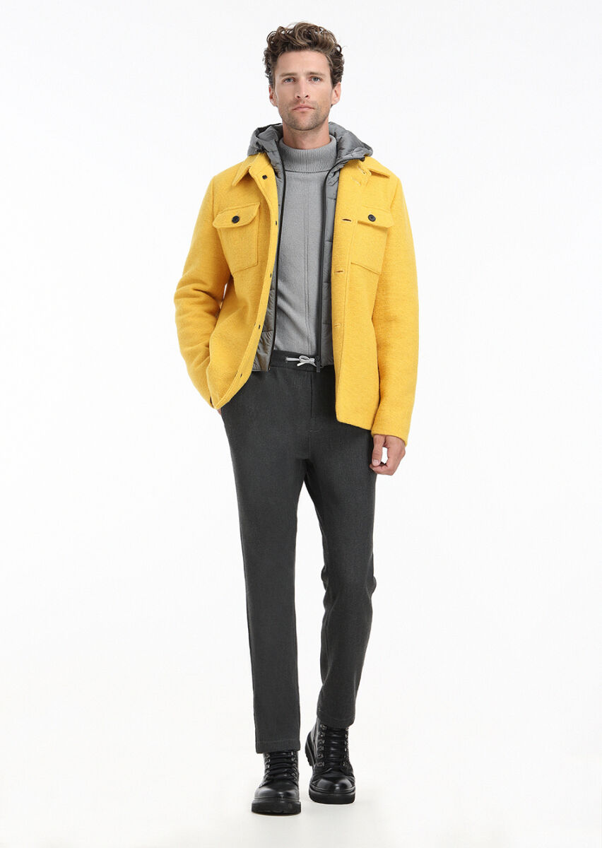 Sarı Regular Fit Gömlek Yaka Casual Örme Mont - 1