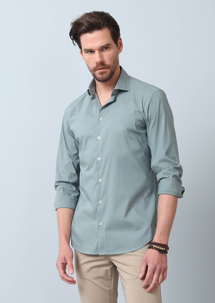See Green Plain Regular Fit Long Weaving Casual Cotton Blended Shirt - 1