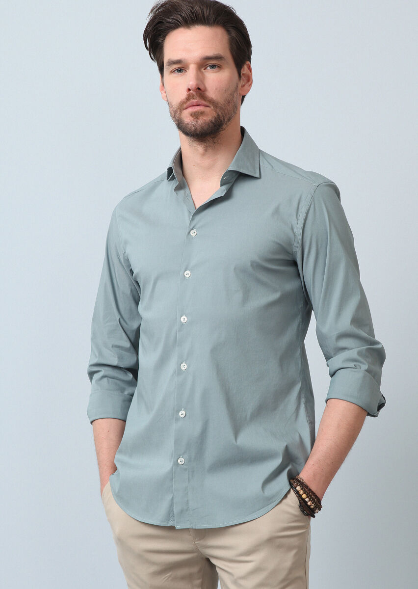 See Green Plain Regular Fit Long Weaving Casual Cotton Blended Shirt - 3